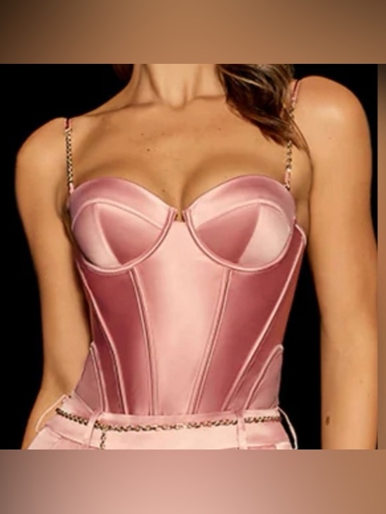 Honey Birdette Tops - Honey Birdette Rose Pink Satin Bustier with Gold Chain Straps